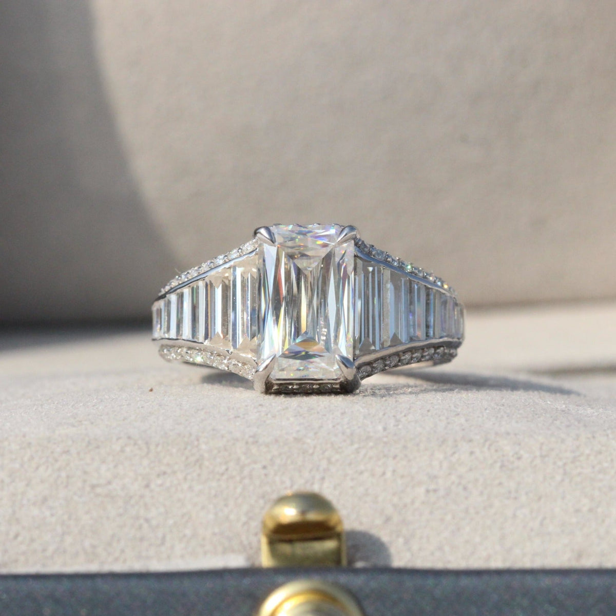 Emerald Cut Accent Art Deco Lab Grown Diamond Ring in 10K Rose Gold - Side View