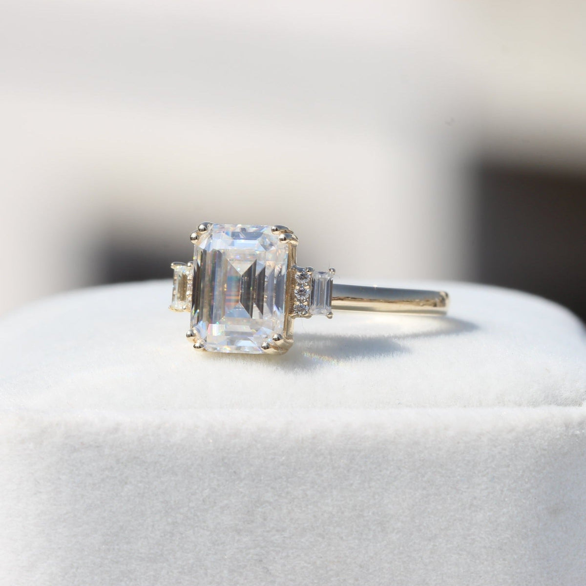 Emerald Cut Accent Engagement Lab Grown Diamond Ring in 18K - Angled View