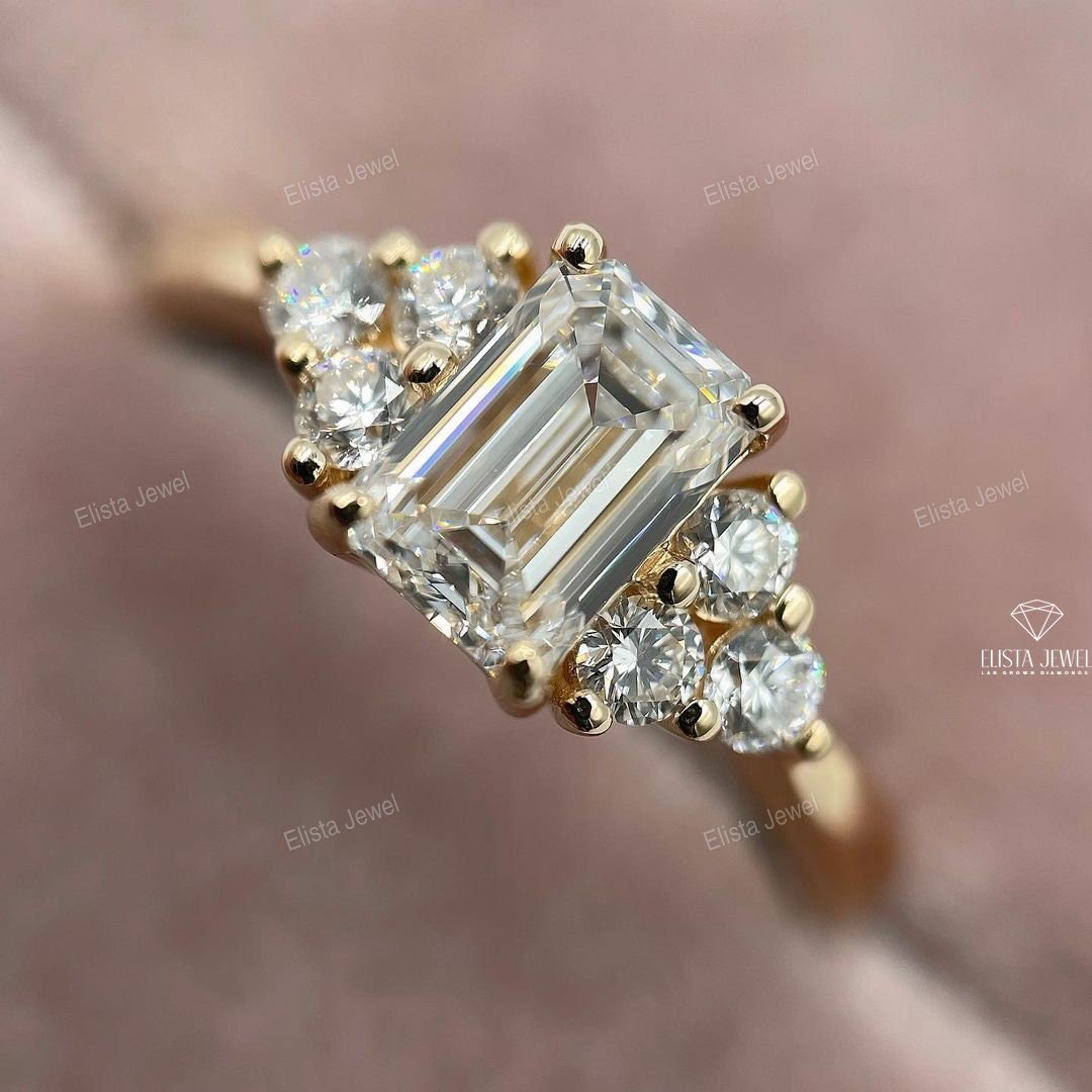 Emerald Cut Accent Engagement Lab Grown Diamond Ring in Platinum - Top View