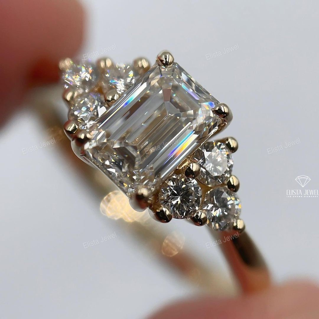 Emerald Cut Accent Engagement Lab Grown Diamond Ring in 14K - Side View