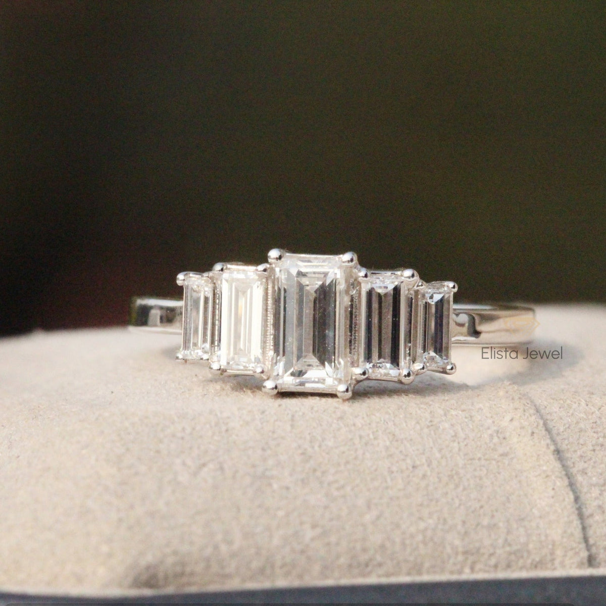 Emerald Cut Five Stone Engagement ring - Detail View