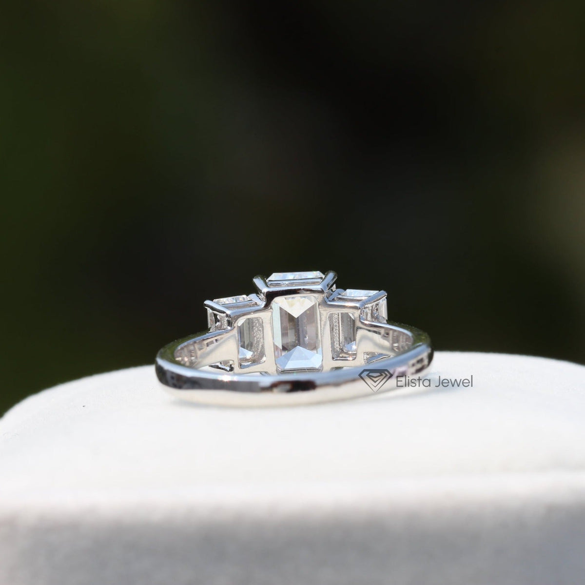 Emerald Cut Three Stone Engagement Lab Grown Diamond Ring - Detail View