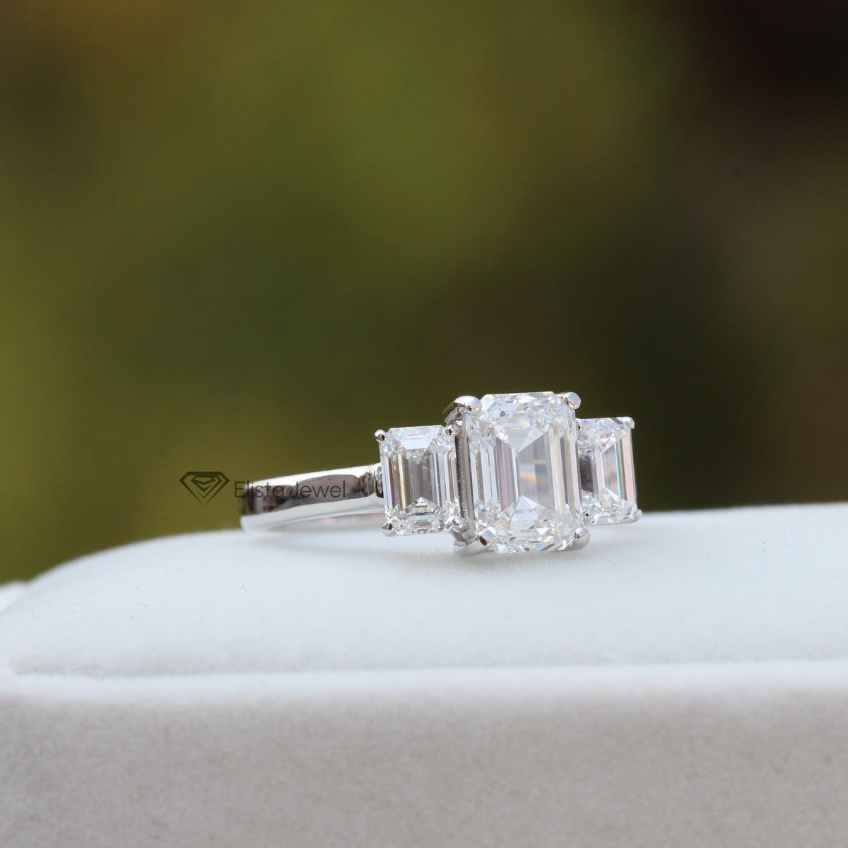 Emerald Cut Three Stone Engagement Lab Grown Diamond Ring in 14K - Side View