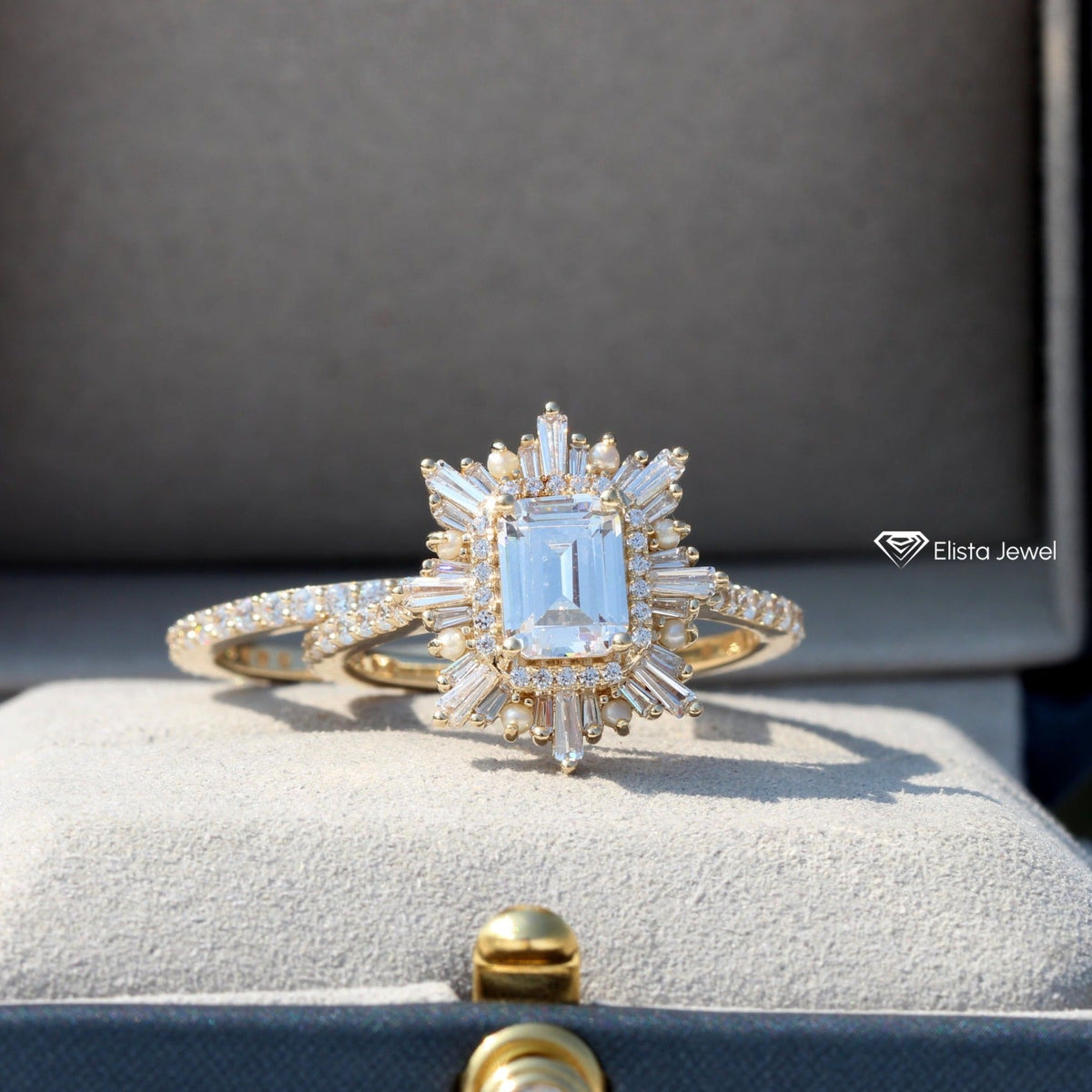 Half Eternity Lab Grown Diamond Band With Emerald Cut Art Deco Lab Grown Diamond Ring Set in 18K - Angled View