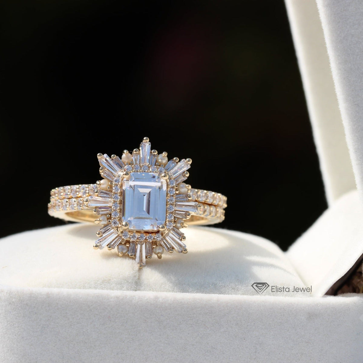 Half Eternity Lab Grown Diamond Band With Emerald Cut Art Deco Lab Grown Diamond Ring Set - Top View