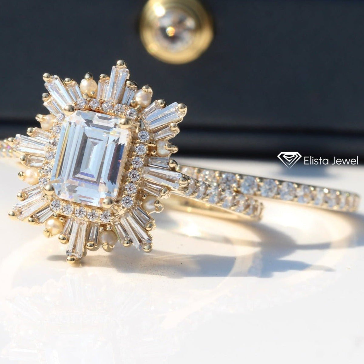 Half Eternity Lab Grown Diamond Band With Emerald Cut Art Deco Lab Grown Diamond Ring Set in 14K - Side View