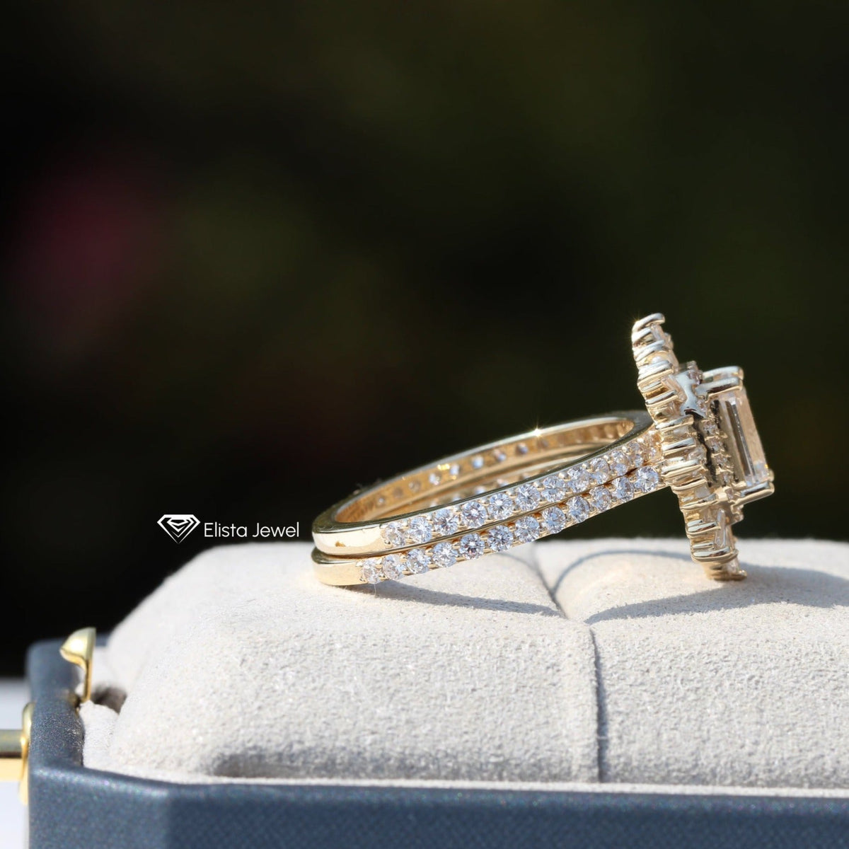 Half Eternity Lab Grown Diamond Band With Emerald Cut Art Deco Lab Grown Diamond Ring Set - Profile View