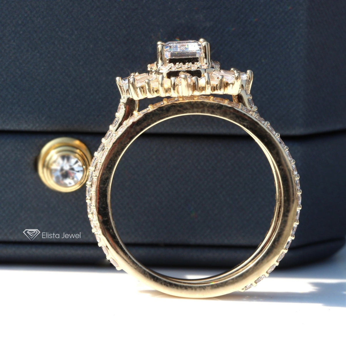 Half Eternity Lab Grown Diamond Band With Emerald Cut Art Deco Lab Grown Diamond Ring Set - Close-up View