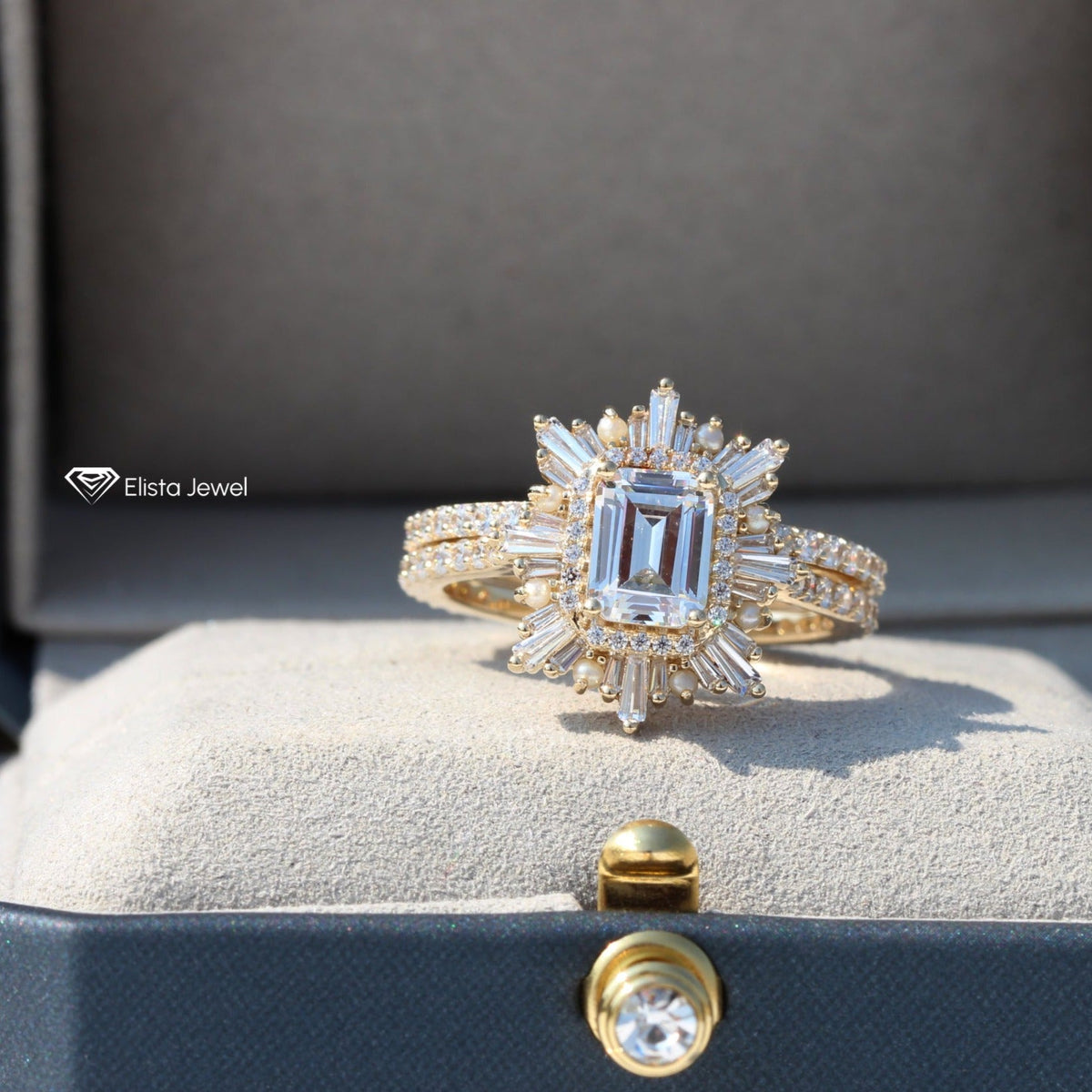 Half Eternity Lab Grown Diamond Band With Emerald Cut Art Deco Lab Grown Diamond Ring Set in 10K - Front View