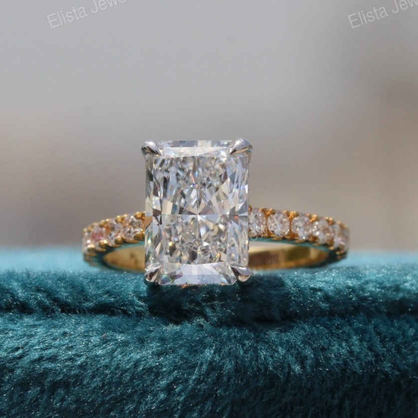 Two Tone Radiant Cut Diamond Hidden Halo Engagement Ring Made In