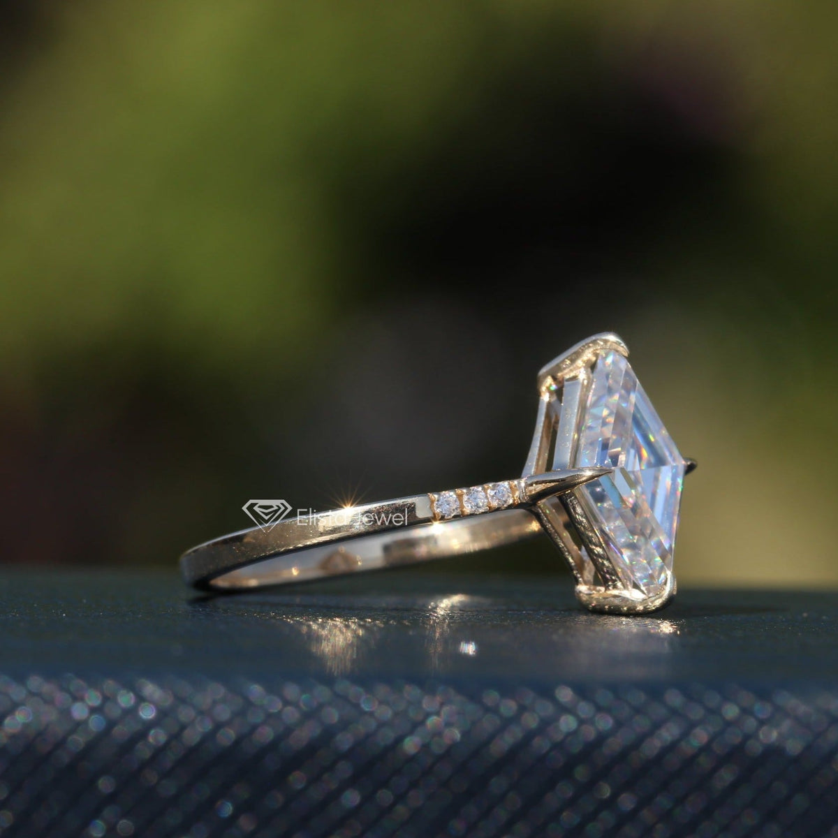 Kite Cut Accent Engagement Lab Grown Diamond Ring in 10K Rose Gold - Side View