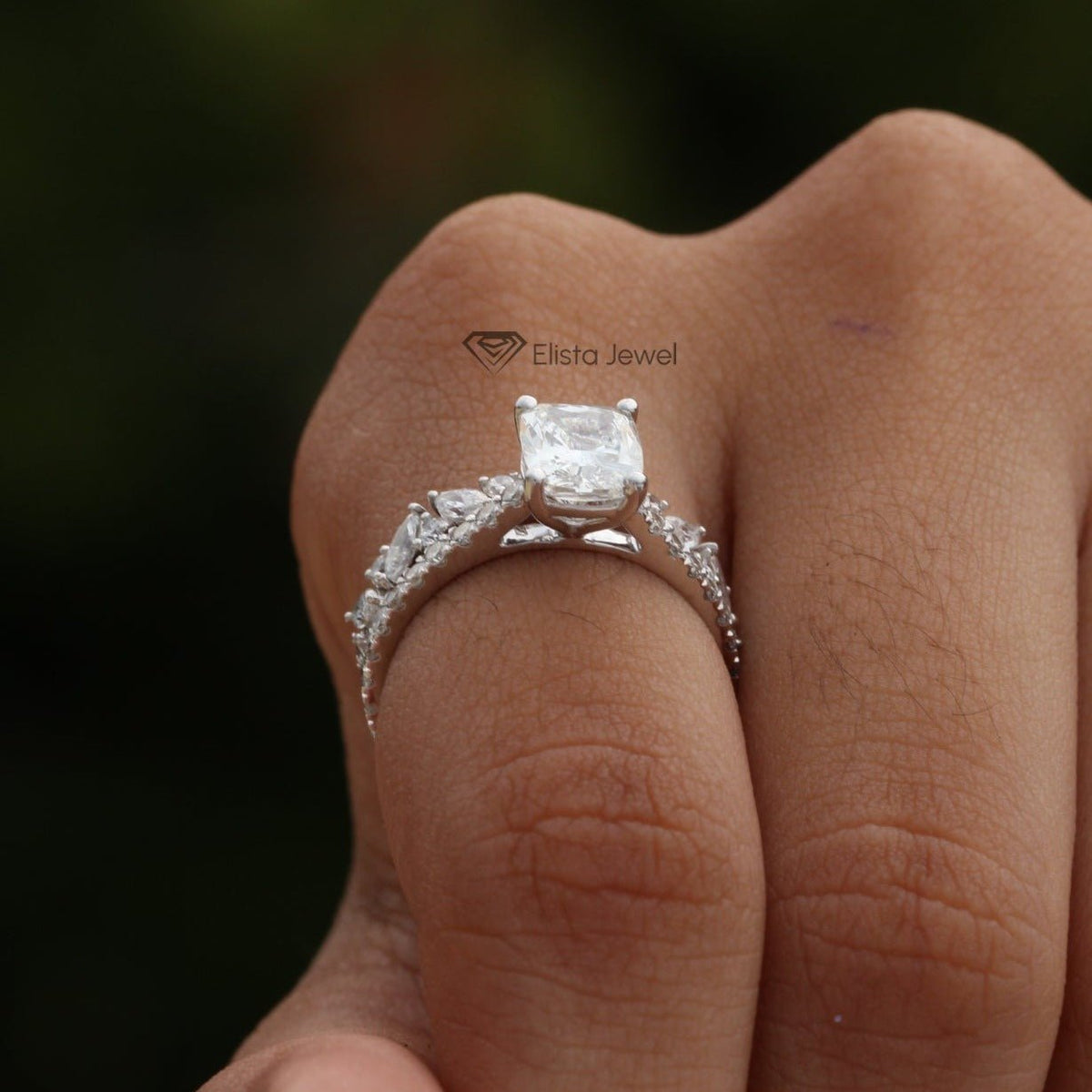 Marquise Accent Wedding Set With Center Radiant Diamond Ring - Close-up View