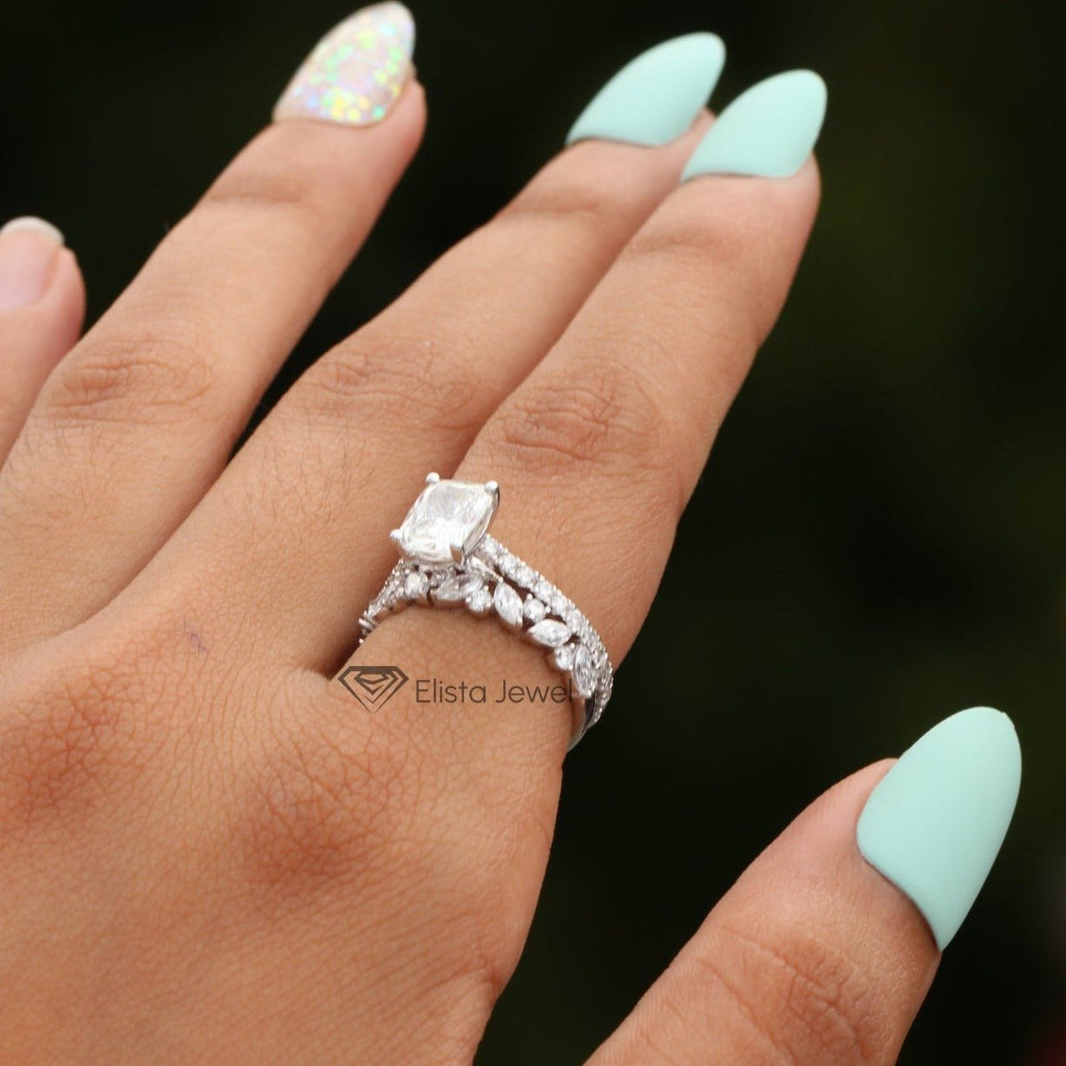 Marquise Accent Wedding Set With Center Radiant Diamond Ring - Profile View