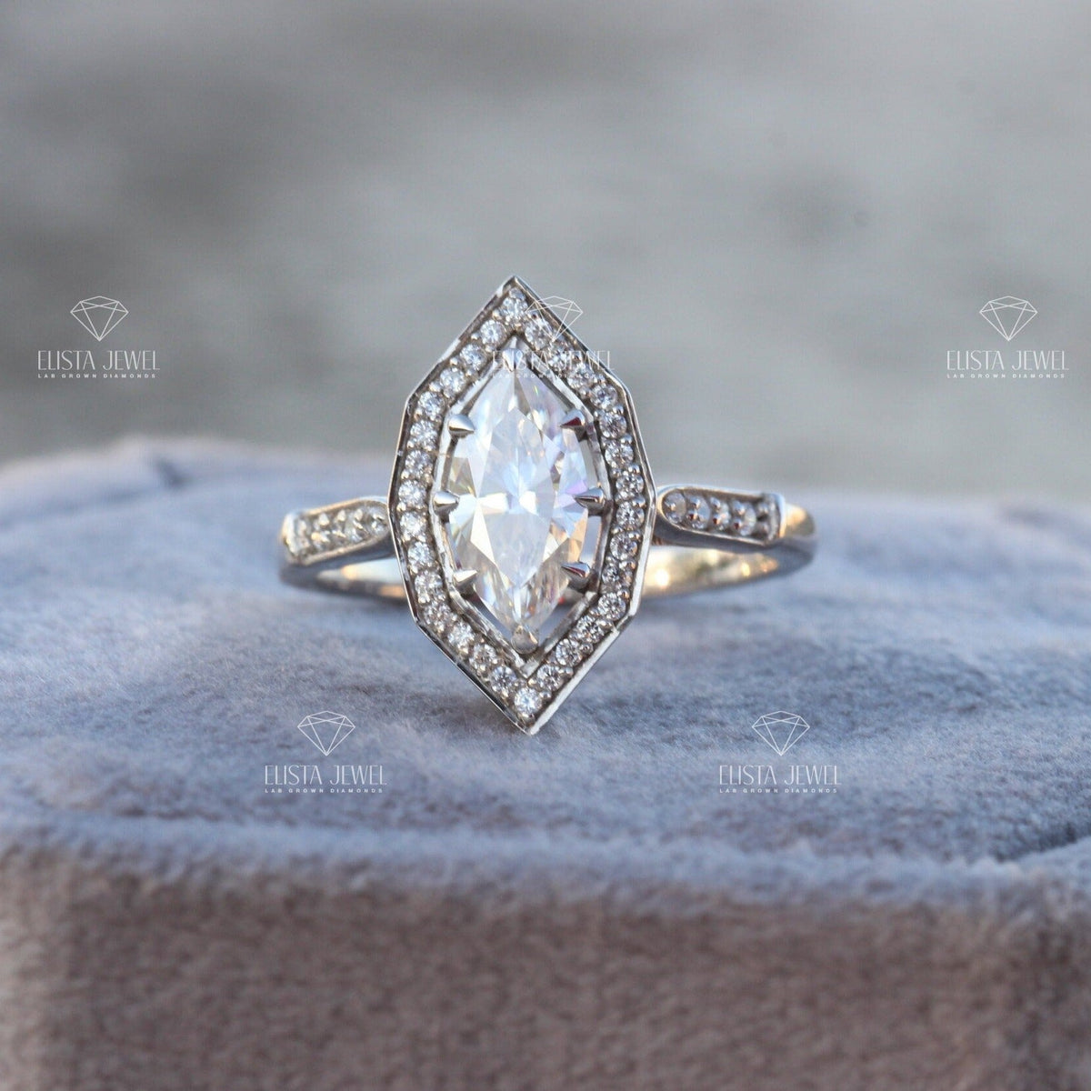 Marquise Cut Accent Engagement Lab Grown Diamond Ring in 10K - Front View