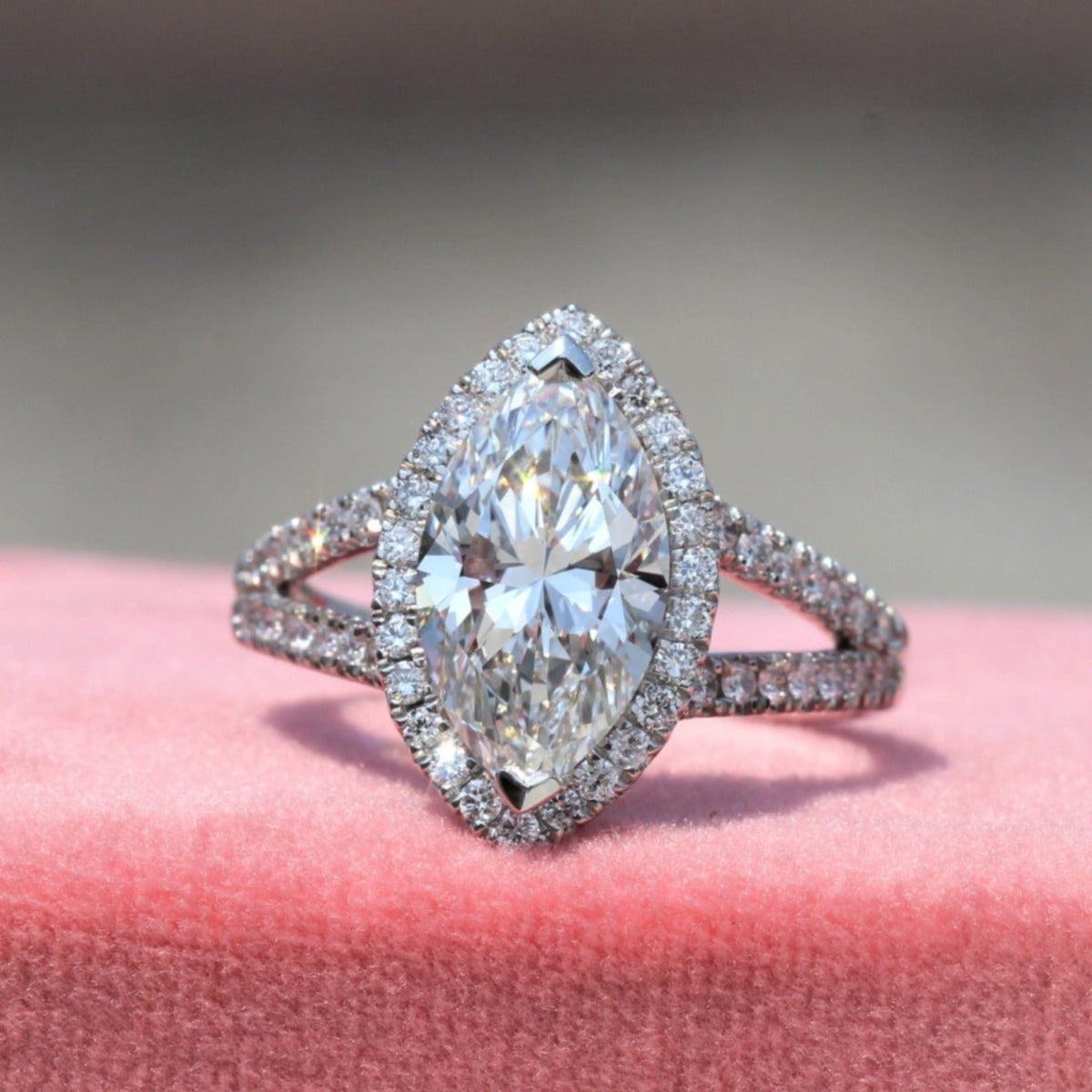 Marquise Cut Halo Engagement Lab Grown Diamond Ring in 14K - Side View