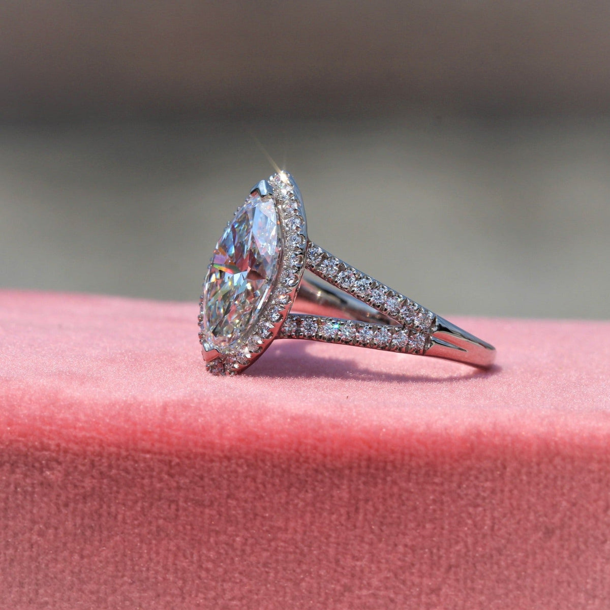 Marquise Cut Halo Engagement Lab Grown Diamond Ring in 18K - Angled View