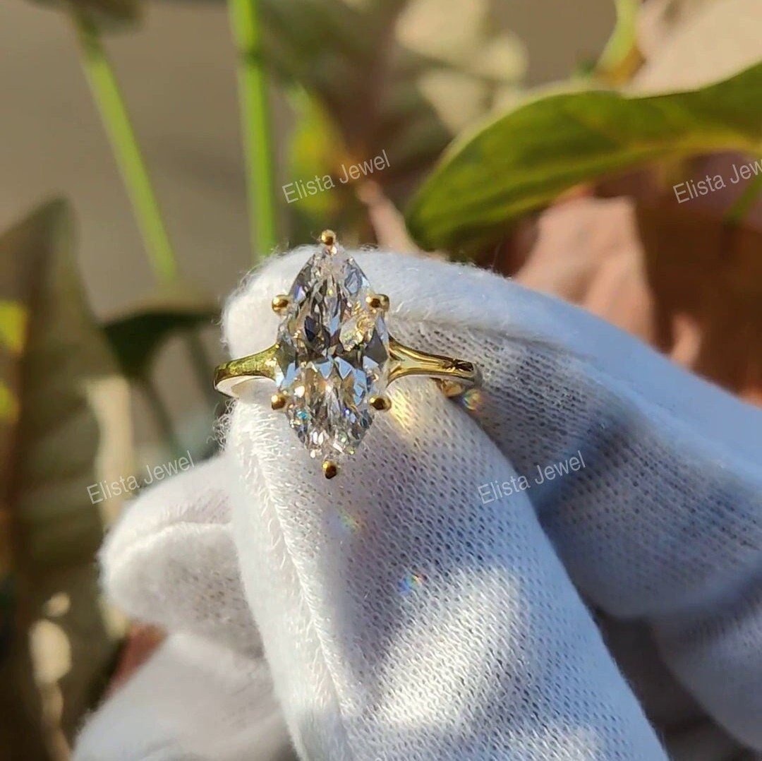 Marquise Split Shank Solitaire Lab Grown Diamond Ring in 10K - Front View