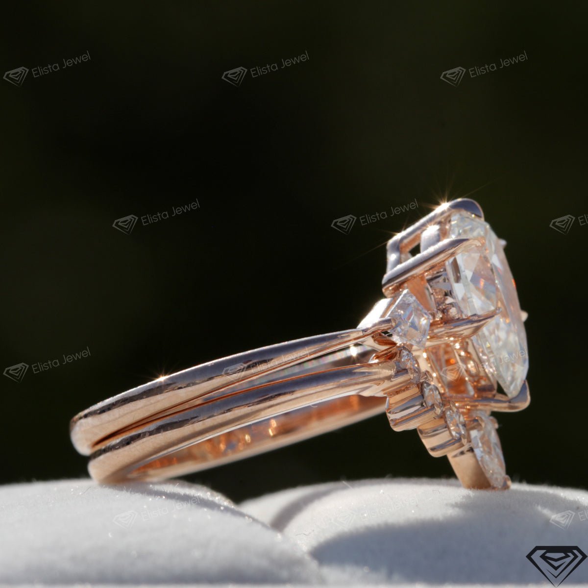 Matching Lab Grown Diamond Band With Pear Three Stone Lab Grown Diamond Ring Set - Detail View
