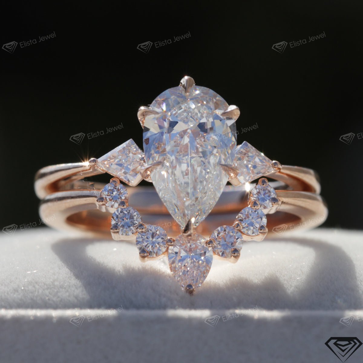 Matching Lab Grown Diamond Band With Pear Three Stone Lab Grown Diamond Ring Set in 10K - Front View