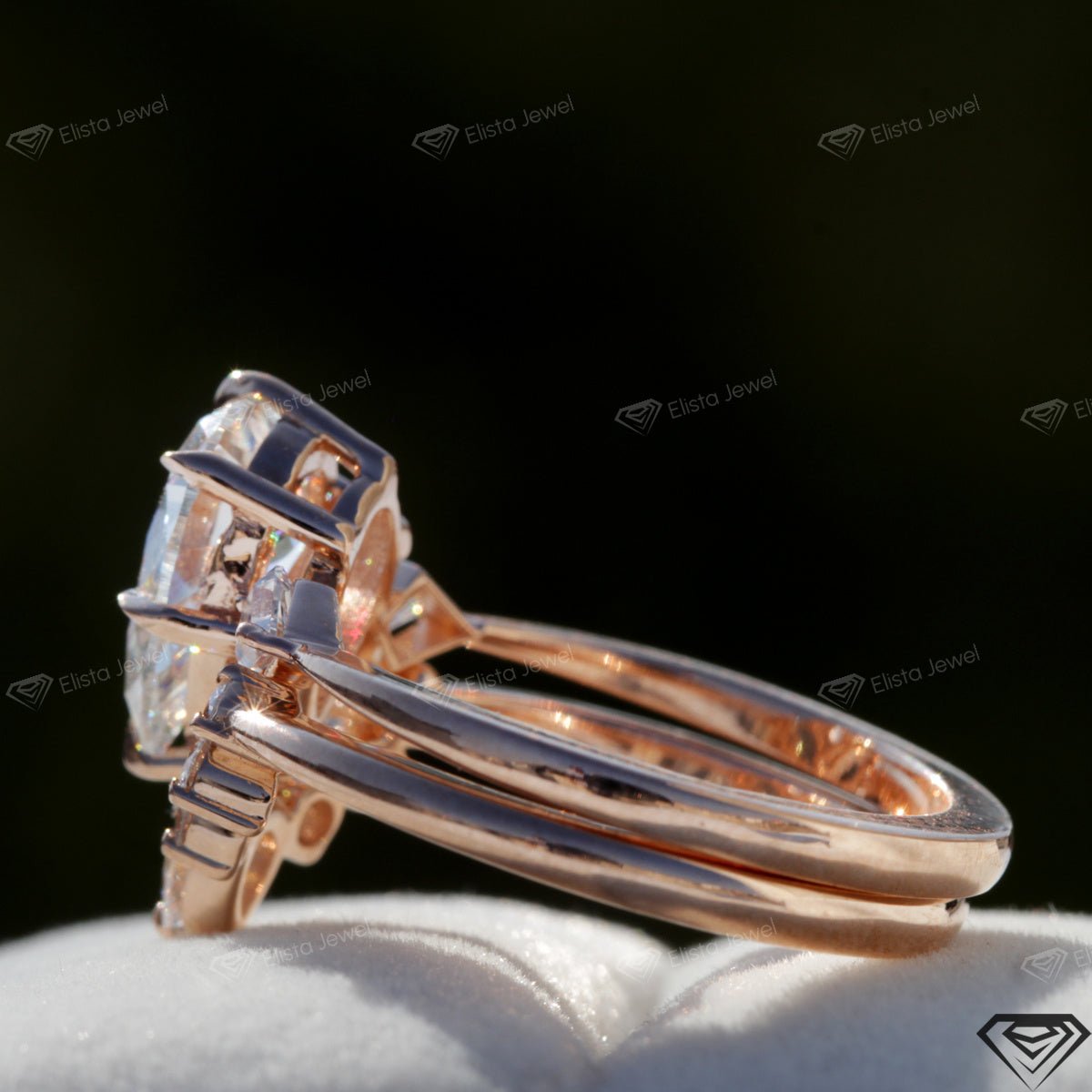 Matching Lab Grown Diamond Band With Pear Three Stone Lab Grown Diamond Ring Set in 18K - Angled View