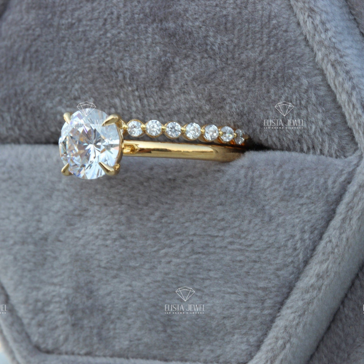 Matching Lab Grown Diamond Band With Round Solitaire Lab Grown Diamond Ring Set - Profile View