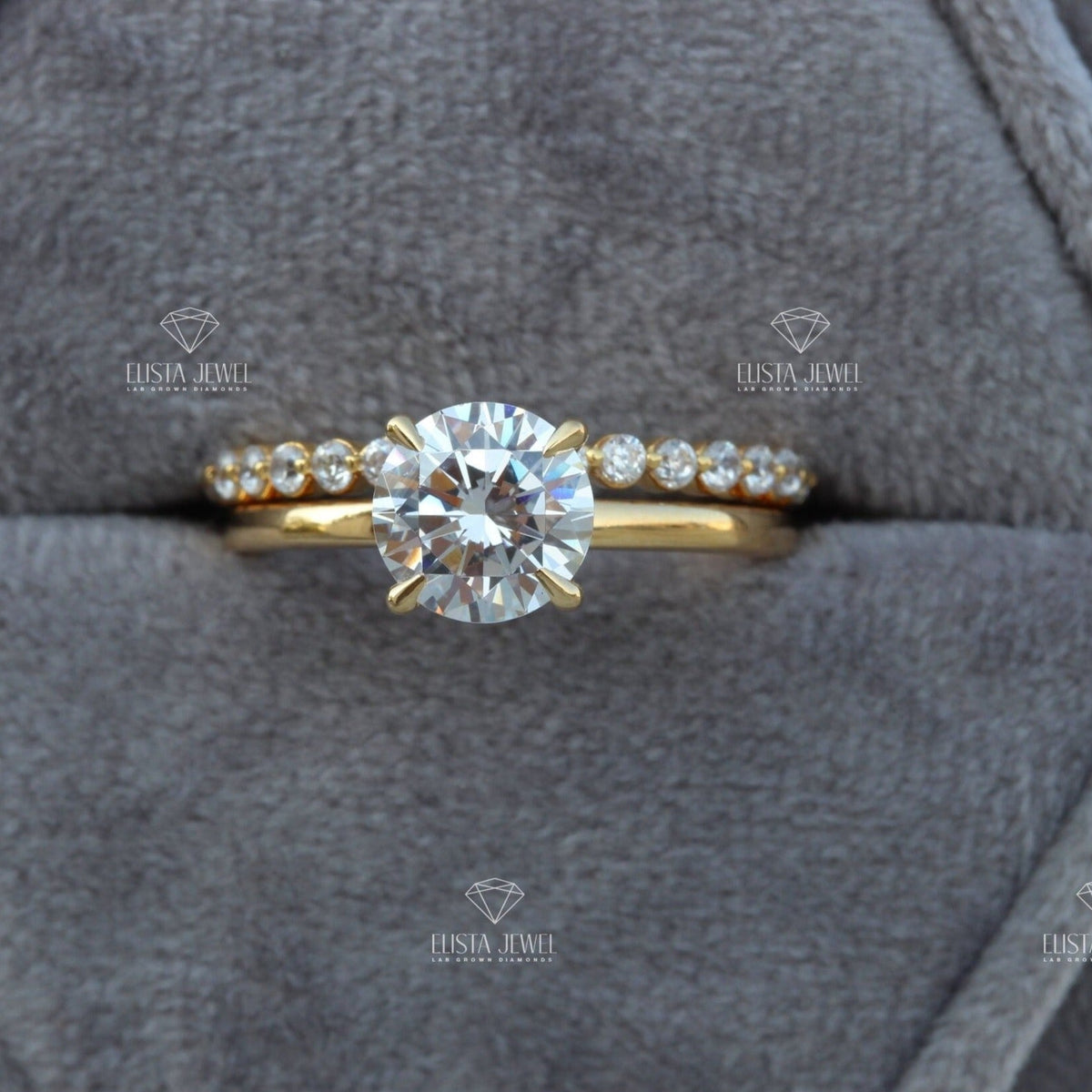 Matching Lab Grown Diamond Band With Round Solitaire Lab Grown Diamond Ring Set in 14K - Side View