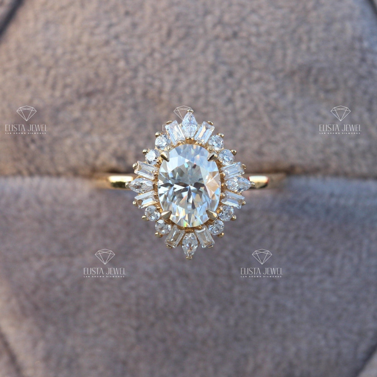 Oval Cut Halo Art Deco Lab Grown Diamond Ring - Ring on Hand View