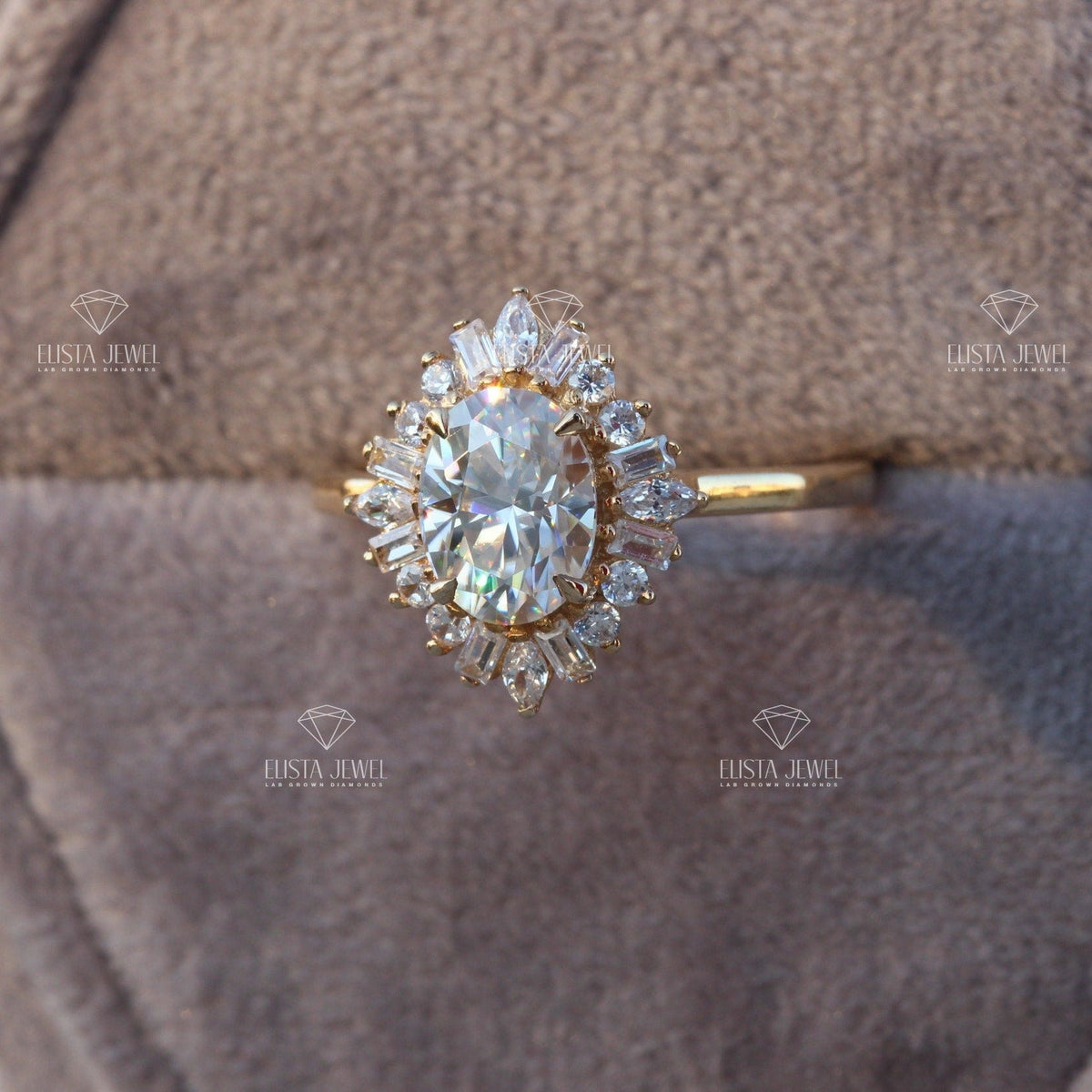 Oval Cut Halo Art Deco Lab Grown Diamond Ring in Platinum - Top View
