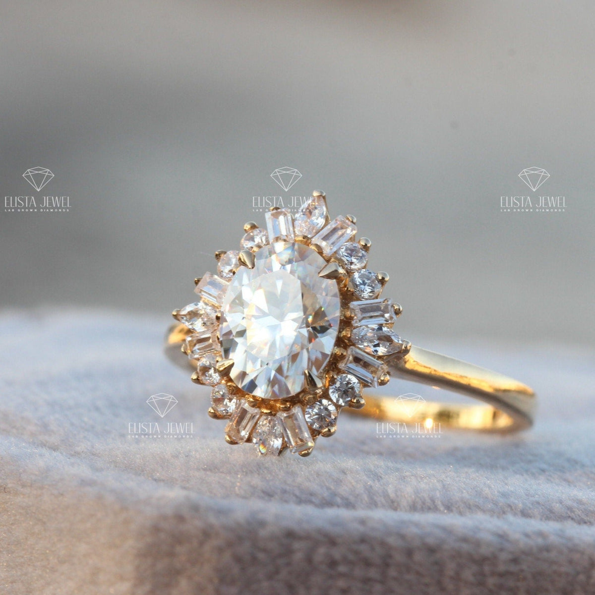 Oval Cut Halo Art Deco Lab Grown Diamond Ring in 18K - Angled View