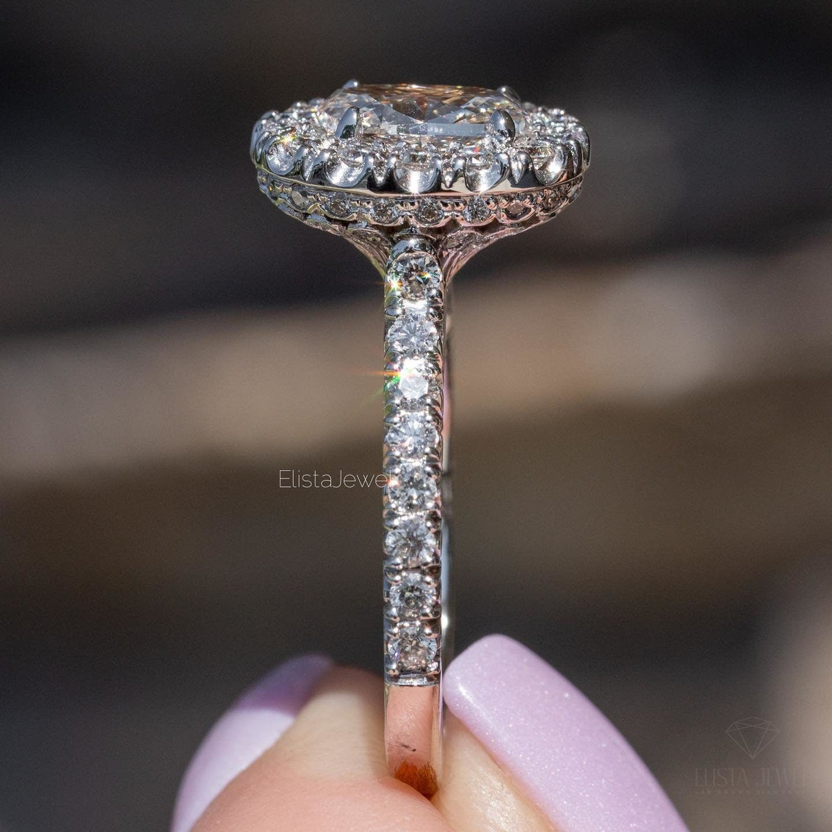 Oval Cut Halo Engagement Lab Grown Diamond Ring - Detail View