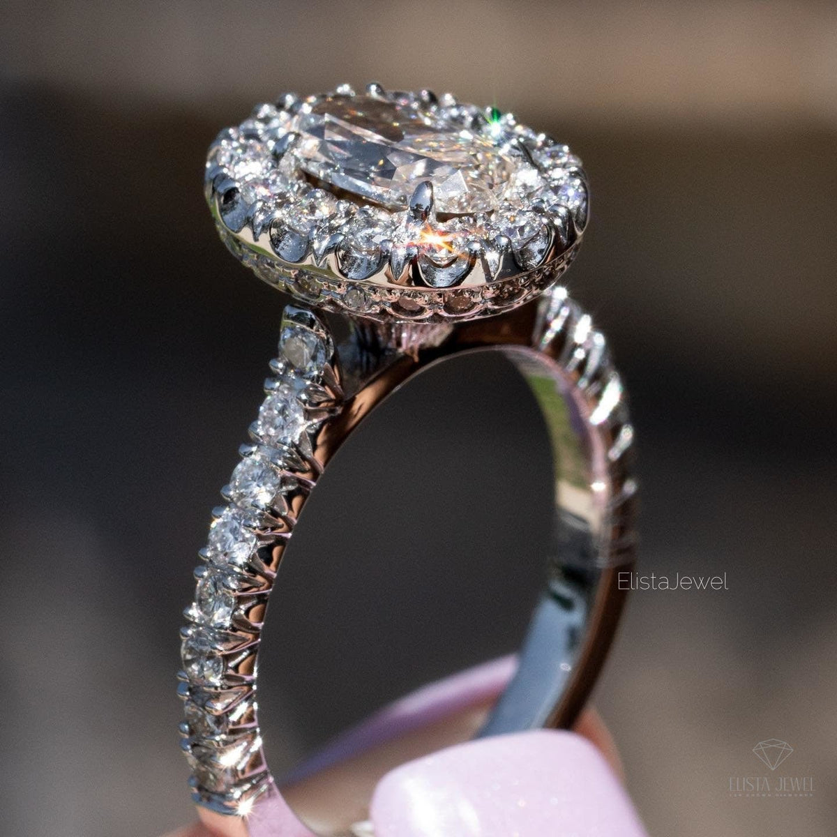 Oval Cut Halo Engagement Lab Grown Diamond Ring in 18K - Angled View