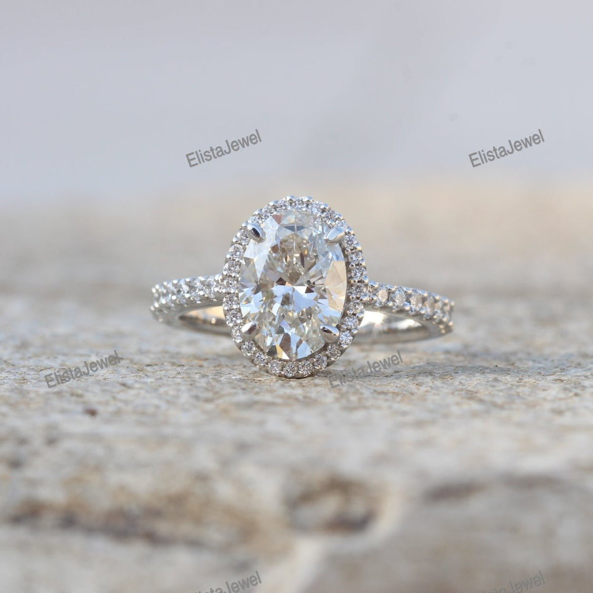 Oval Cut Halo Engagement Lab Grown Diamond Ring in 10K White Gold - Angled View