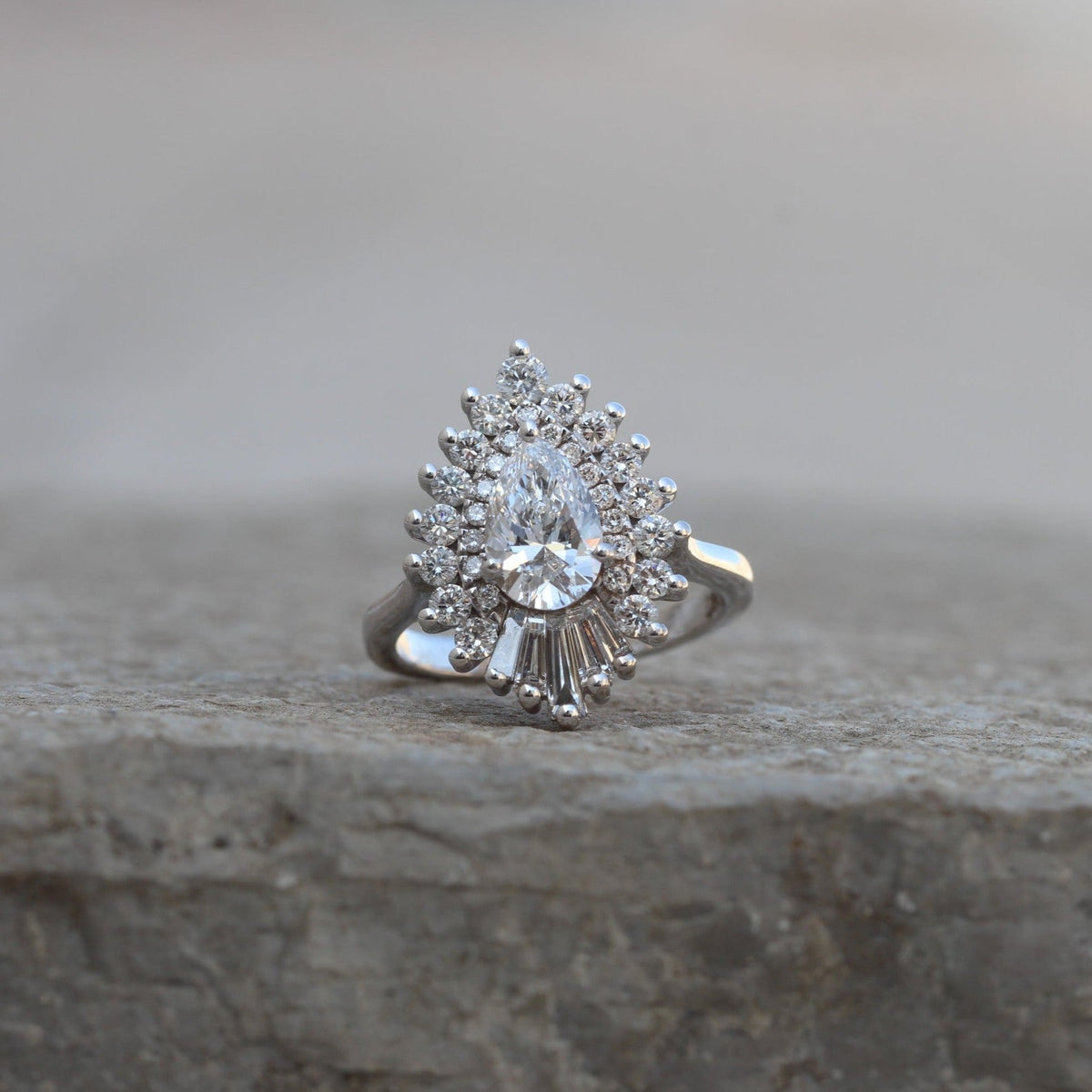 Pear Cut Diamond Starburst Ring in Platinum - Top View