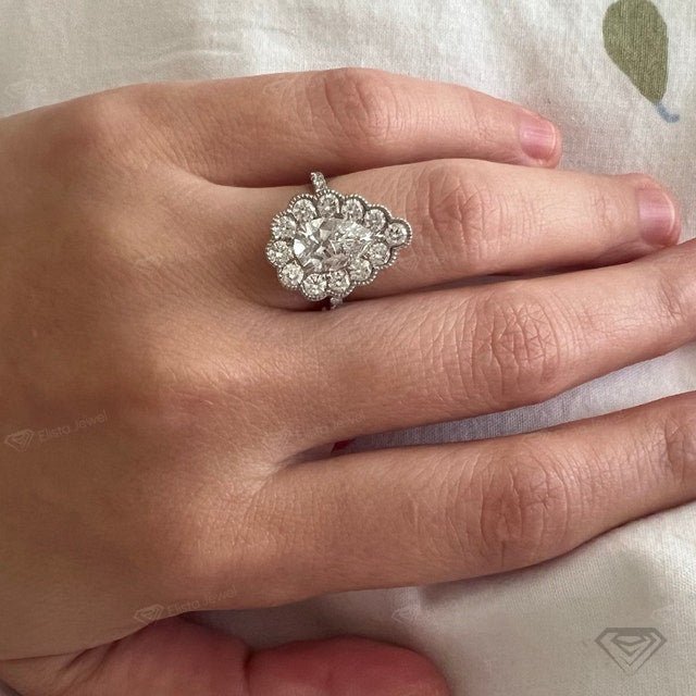 Pear Cut Halo Vintage Lab Grown Diamond Ring in 14K - Side View