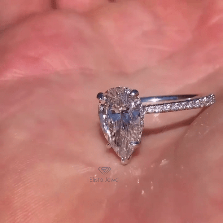 Pear Cut Hidden Halo Wedding Lab Grown Diamond Ring in 14K Rose Gold - Detail View