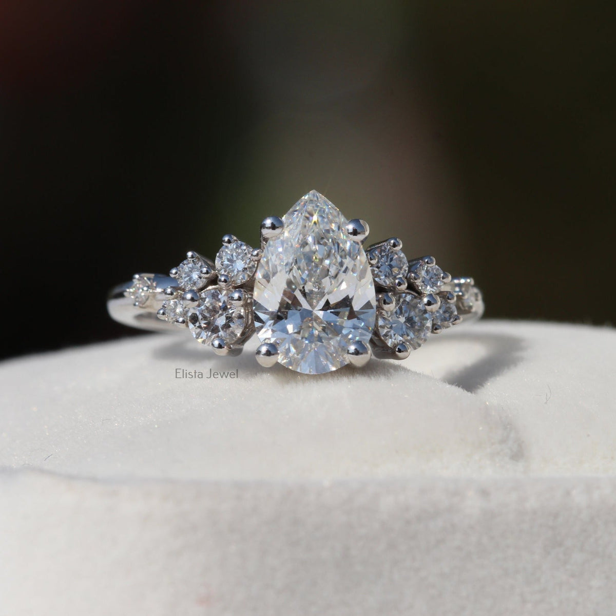 Pear Cut Solitaire Accent Engagement Lab Grown Diamond Ring in 10K - Front View
