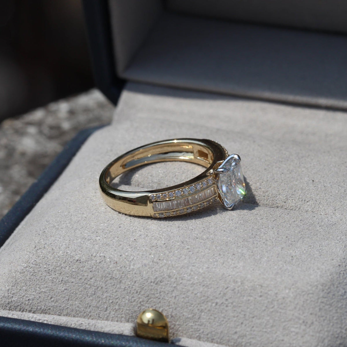 Radiant Cut Accent Wedding Lab Grown Diamond Ring - Ring on Hand View