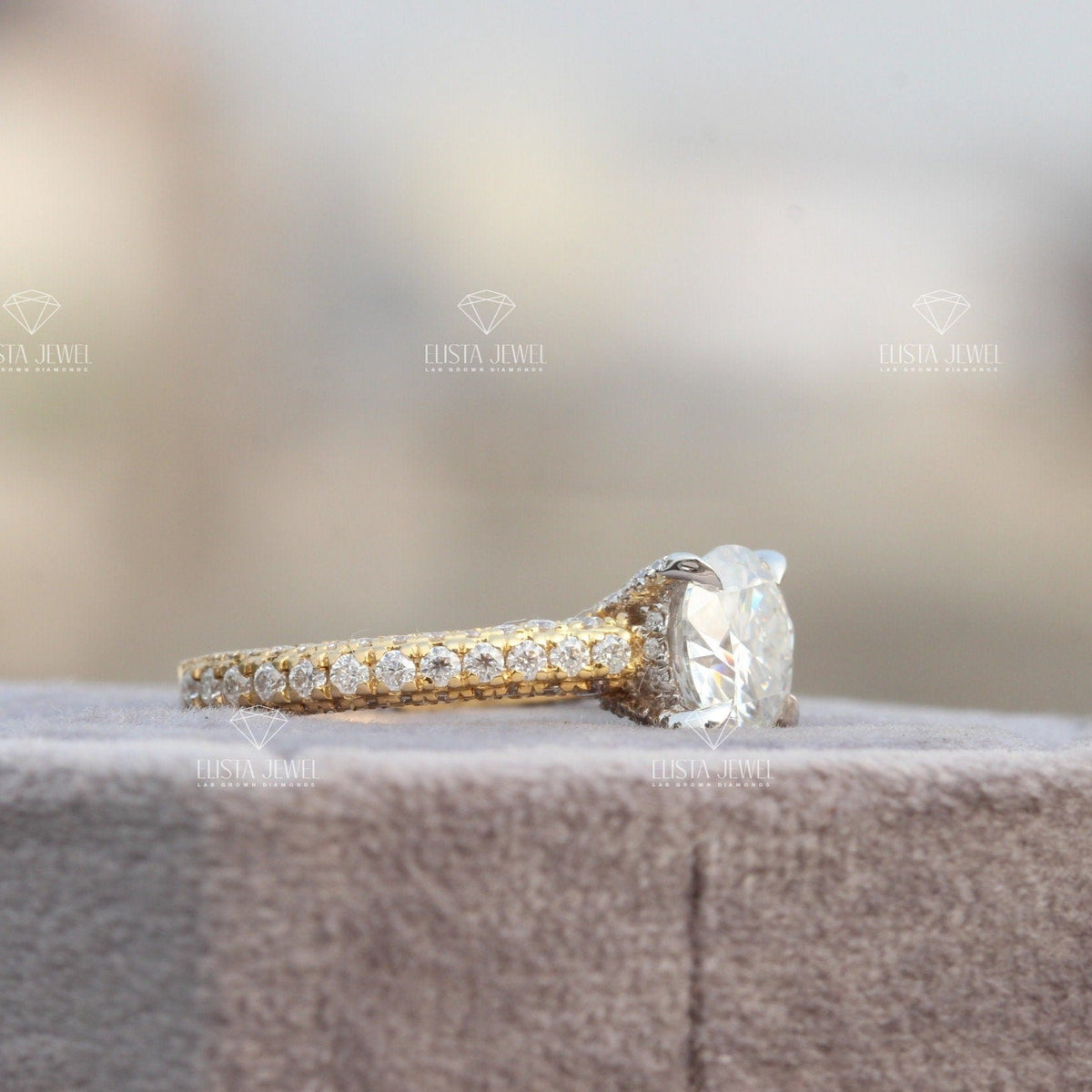 Round Cut Accent Engagement Lab Grown Diamond Ring - Close-up View