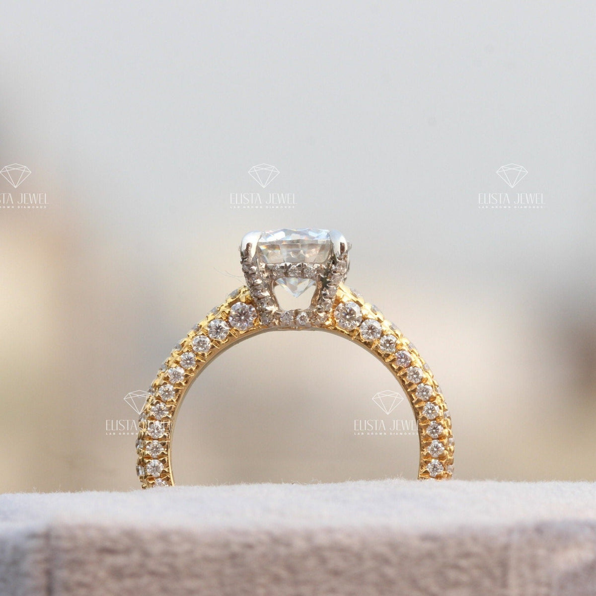 Round Cut Accent Engagement Lab Grown Diamond Ring in Platinum - Top View