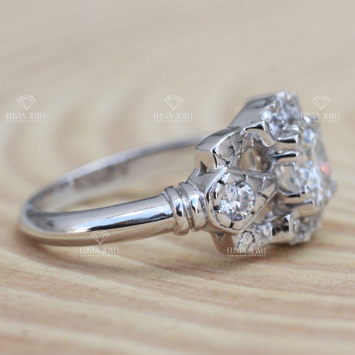 Round Cut Art Deco Engagement Lab Grown Diamond Ring in 18K - Angled View