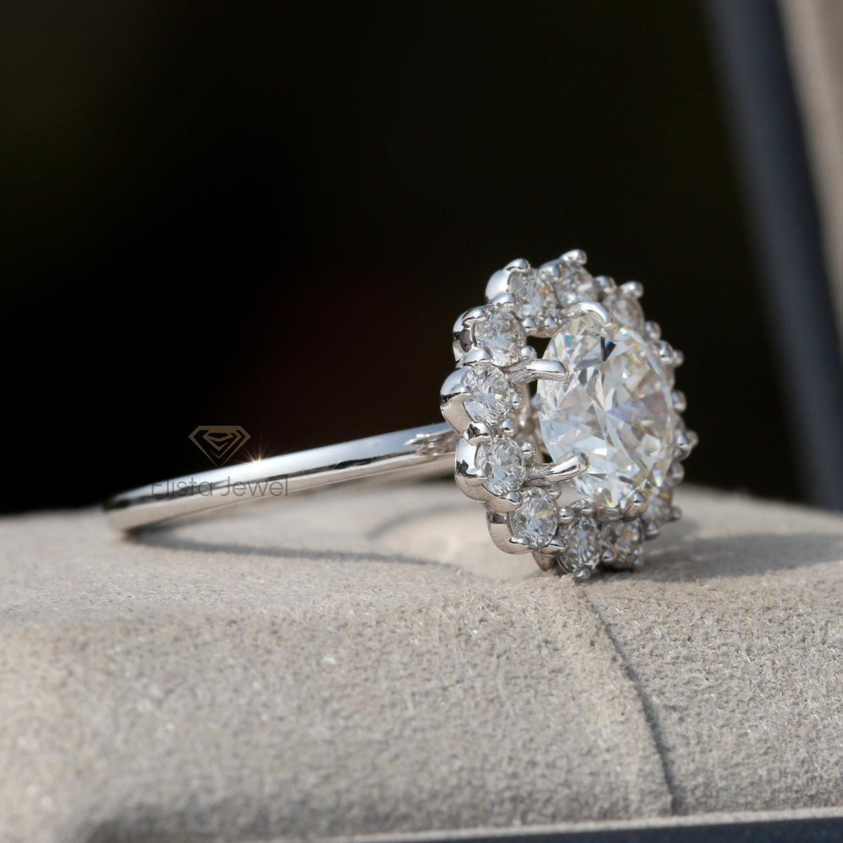 Round Cut Halo Engagement Lab Grown Diamond Ring in 18K - Angled View
