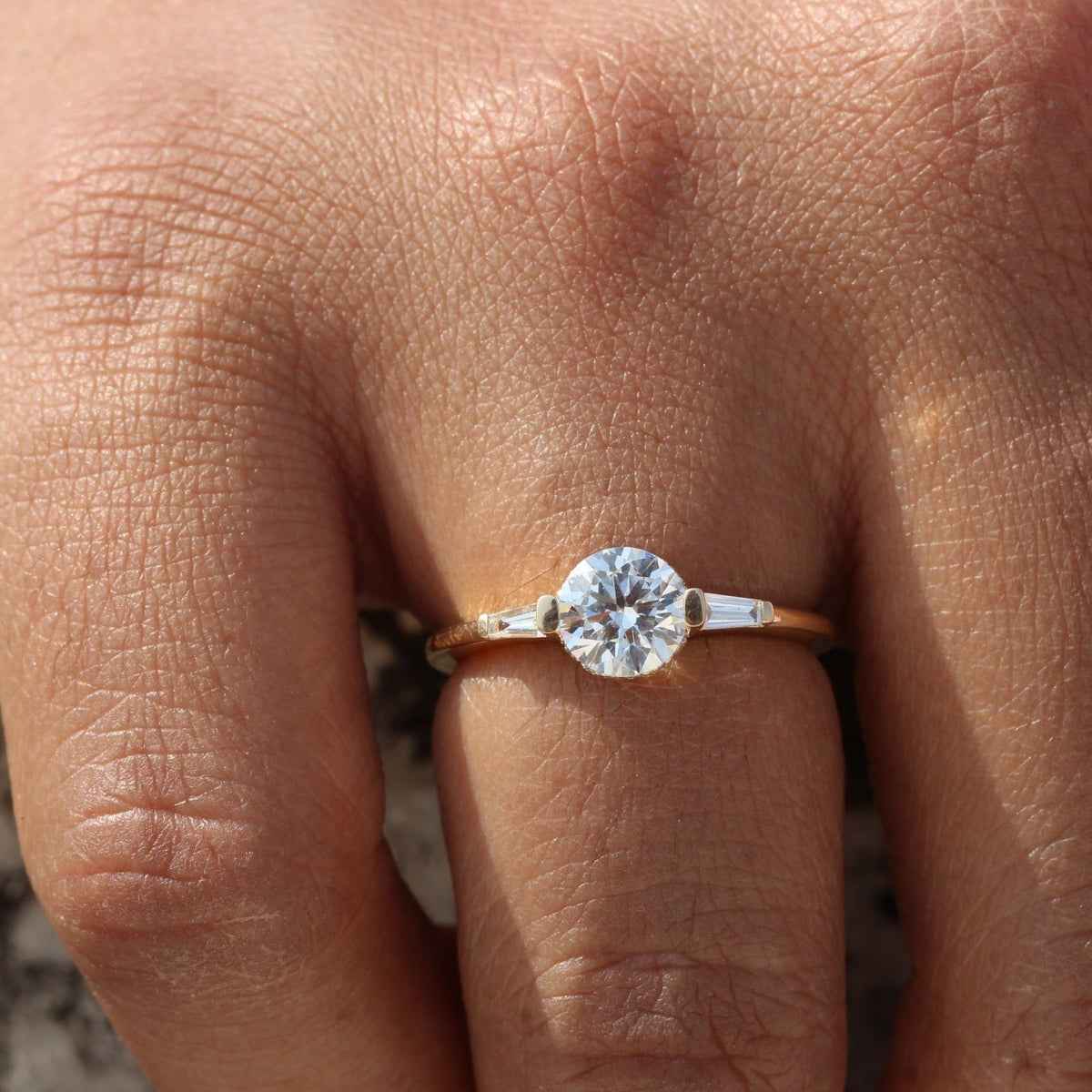 Round Cut Hidden Halo Three Stone Lab Grown Diamond Ring - Perspective View