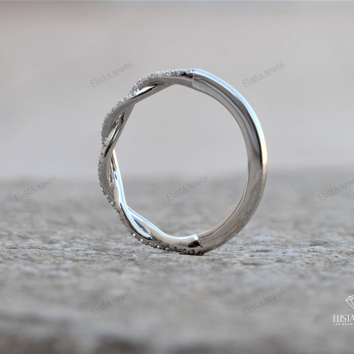 Round Cut Twisted Stackable Lab Grown Diamond Band in 18K - Angled View