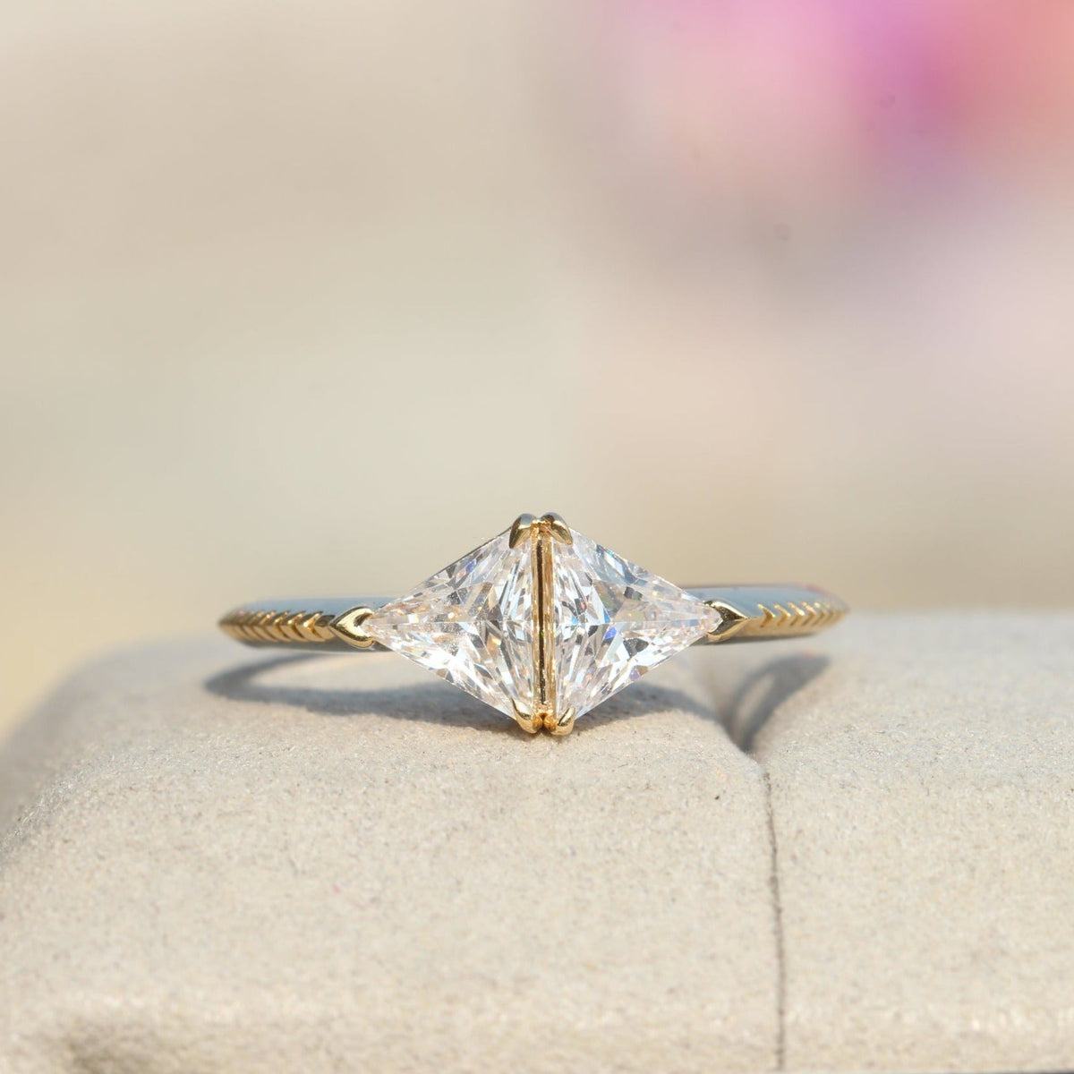 Trilliant Cut Two Stone Engagement Lab Grown Diamond Ring - Close-up View
