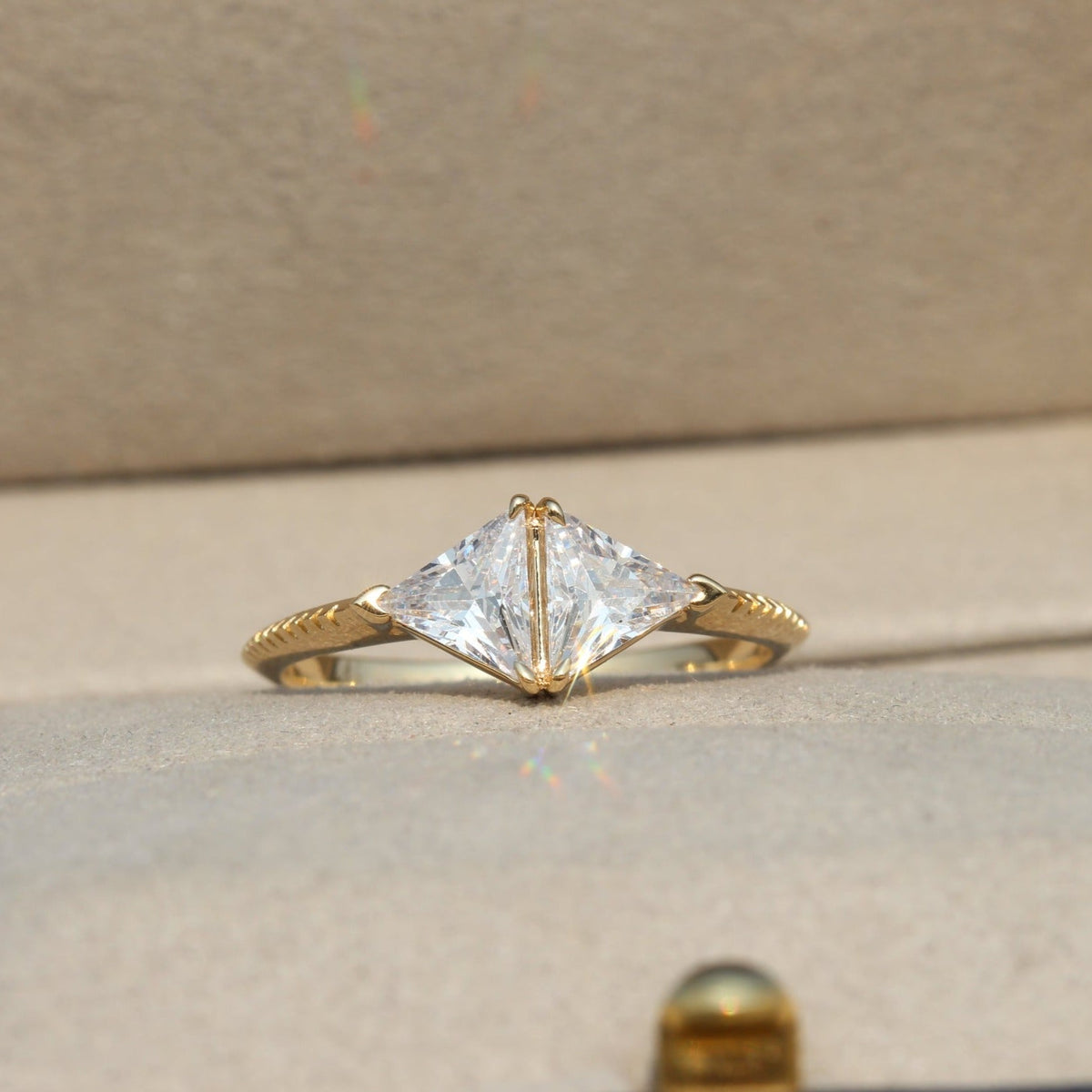 Trilliant Cut Two Stone Engagement Lab Grown Diamond Ring in 14K - Side View