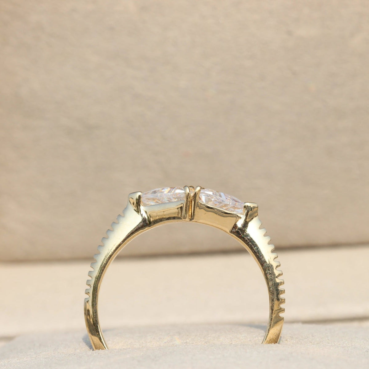 Trilliant Cut Two Stone Engagement Lab Grown Diamond Ring - Detail View