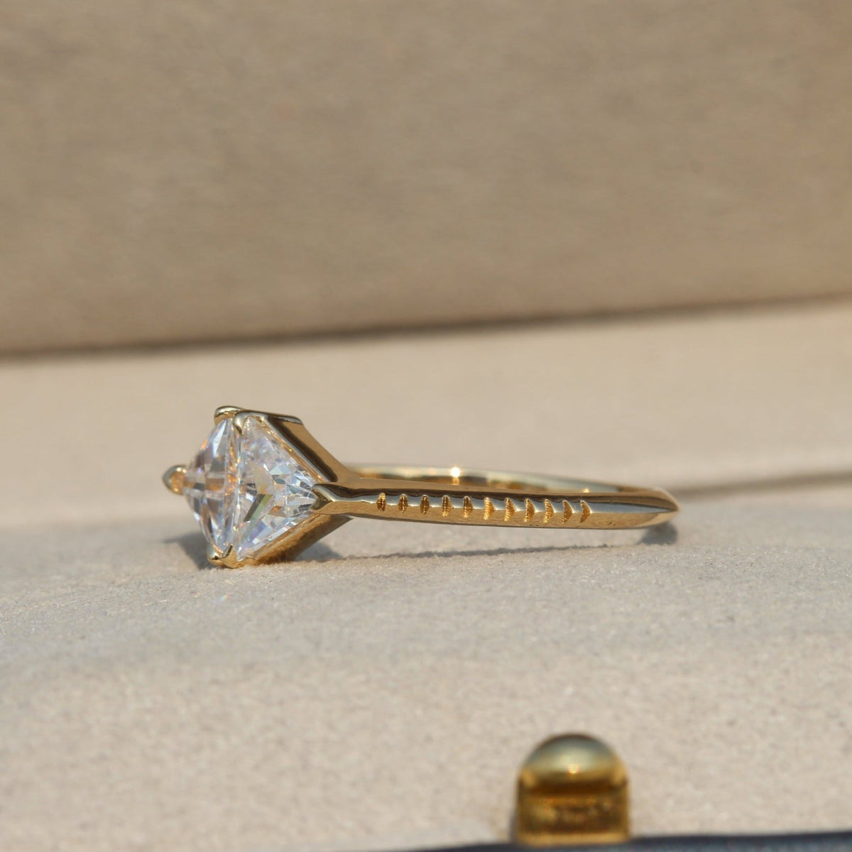 Trilliant Cut Two Stone Engagement Lab Grown Diamond Ring in 18K - Angled View