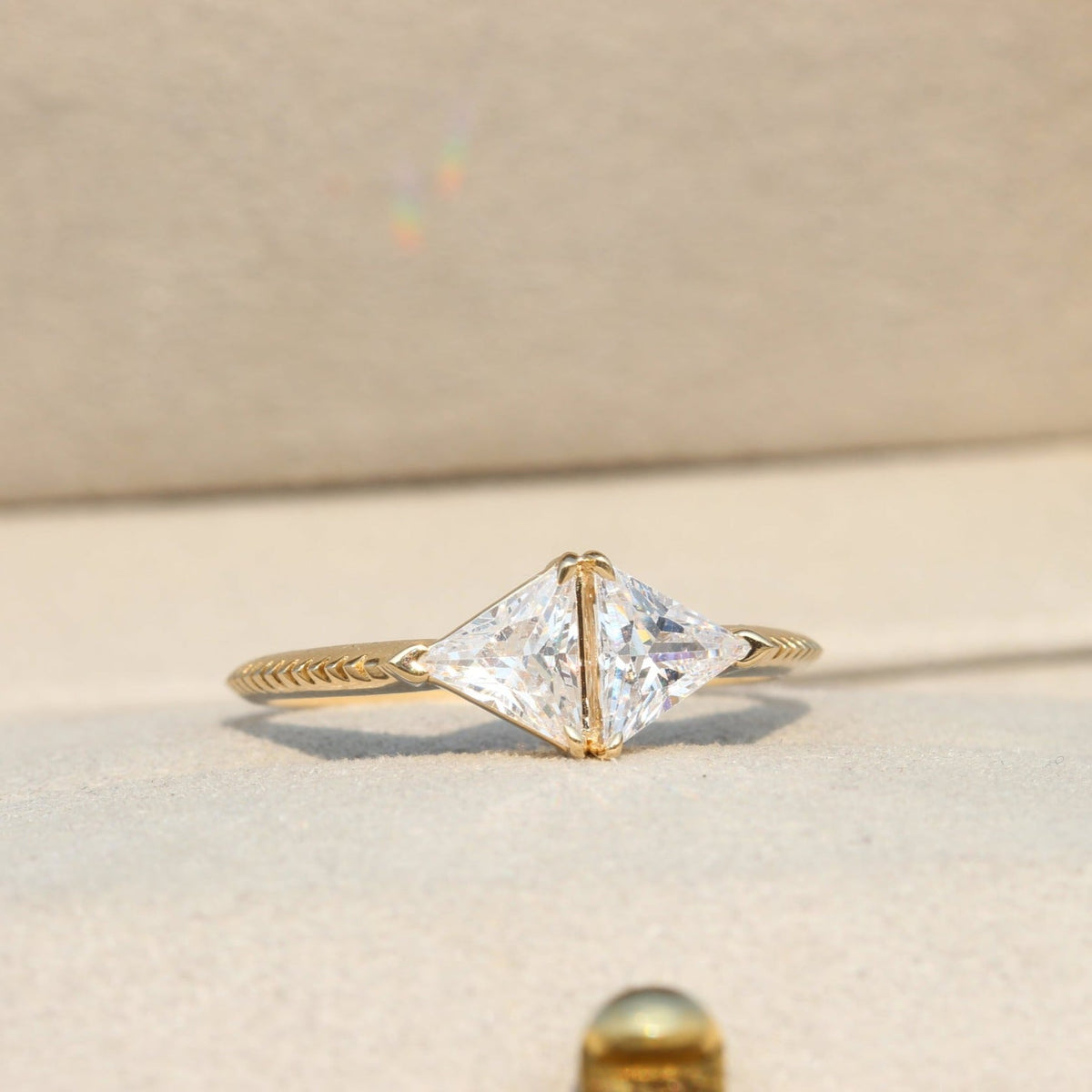 Trilliant Cut Two Stone Engagement Lab Grown Diamond Ring - Profile View