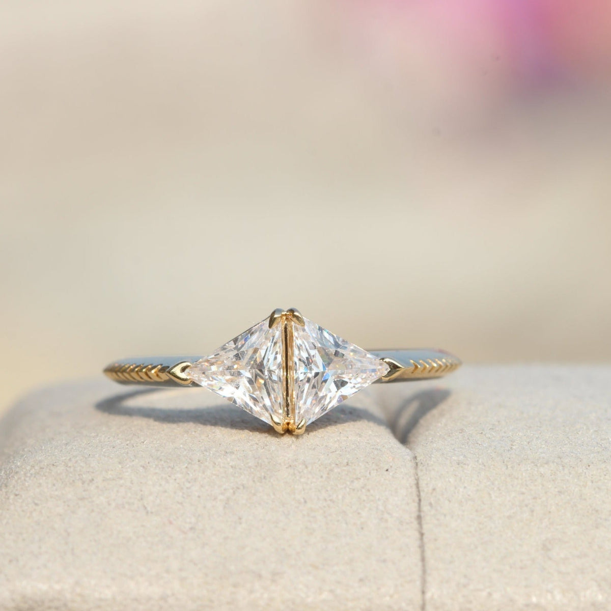 Trilliant Cut Two Stone Engagement Lab Grown Diamond Ring - Perspective View