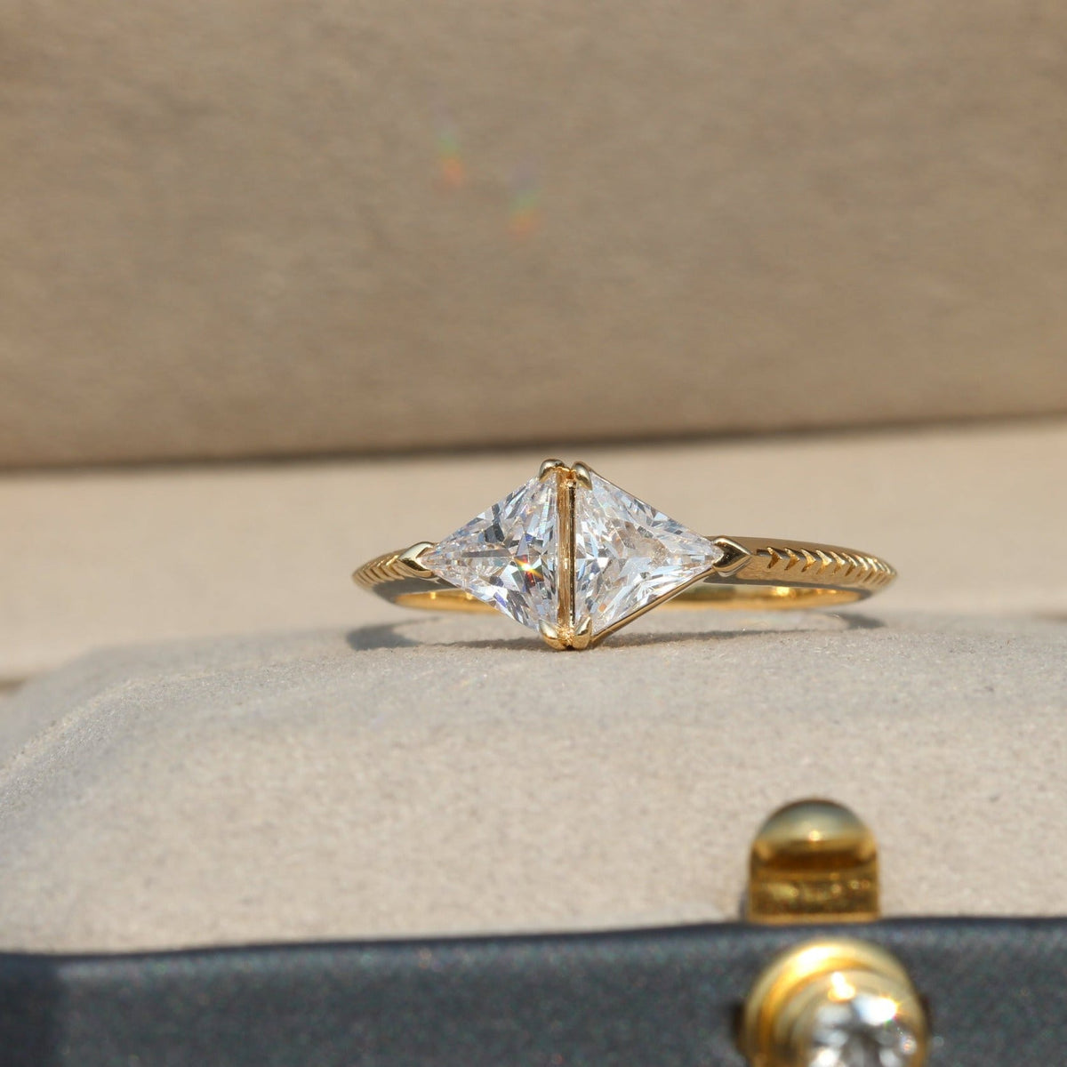 Trilliant Cut Two Stone Engagement Lab Grown Diamond Ring in 10K - Front View